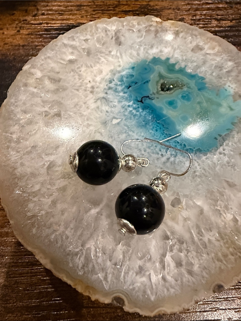 Black Onyx Bead Drop Earrings with Silver Accents - Women Jewelry